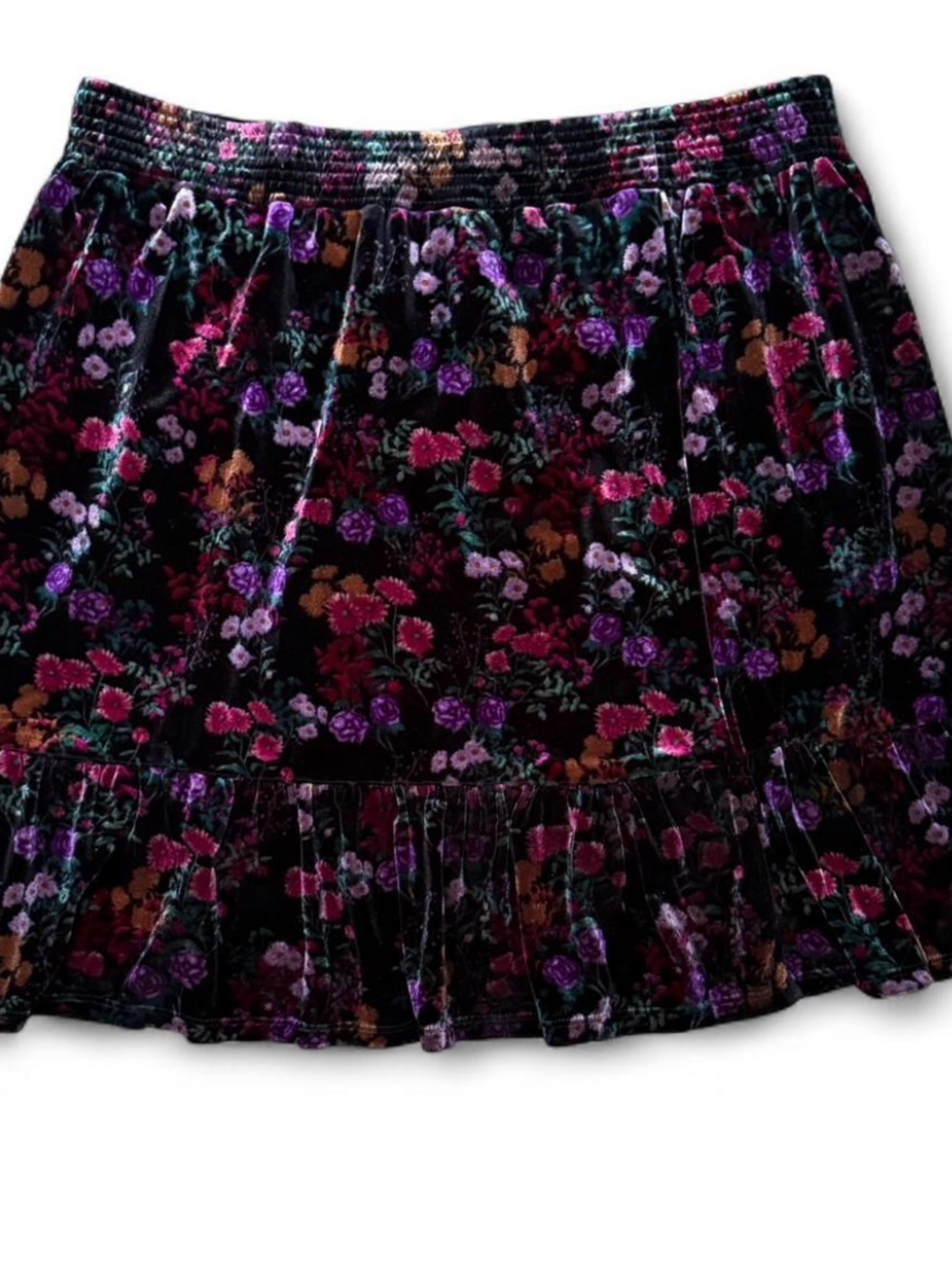Black velvet floral skirt with slight ruffle hem & elastic waist Whimsigoth
